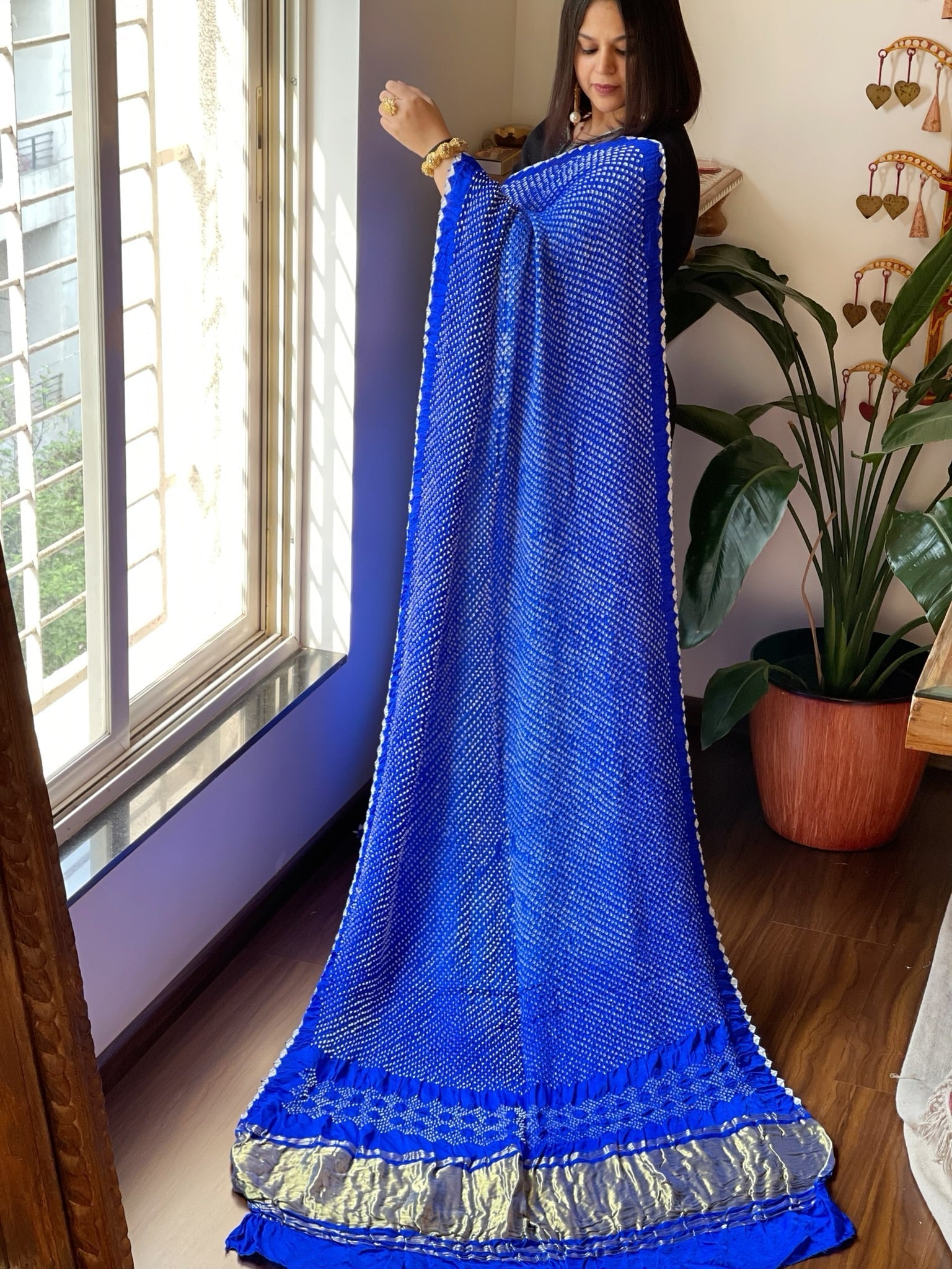 Blue Rai Bandhej Saree in Pure Gajji Silk with Zari Pallu - Masakalee