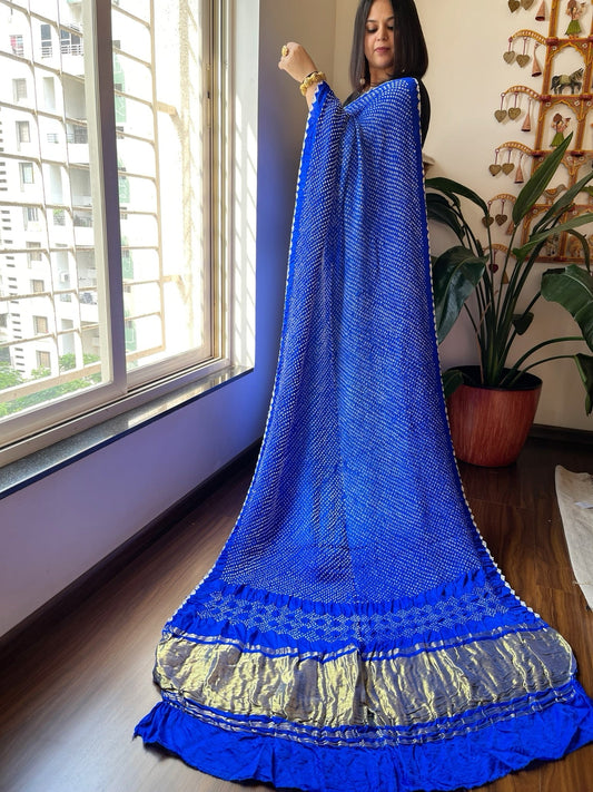 Blue Rai Bandhej Saree in Pure Gajji Silk with Zari Pallu - Masakalee