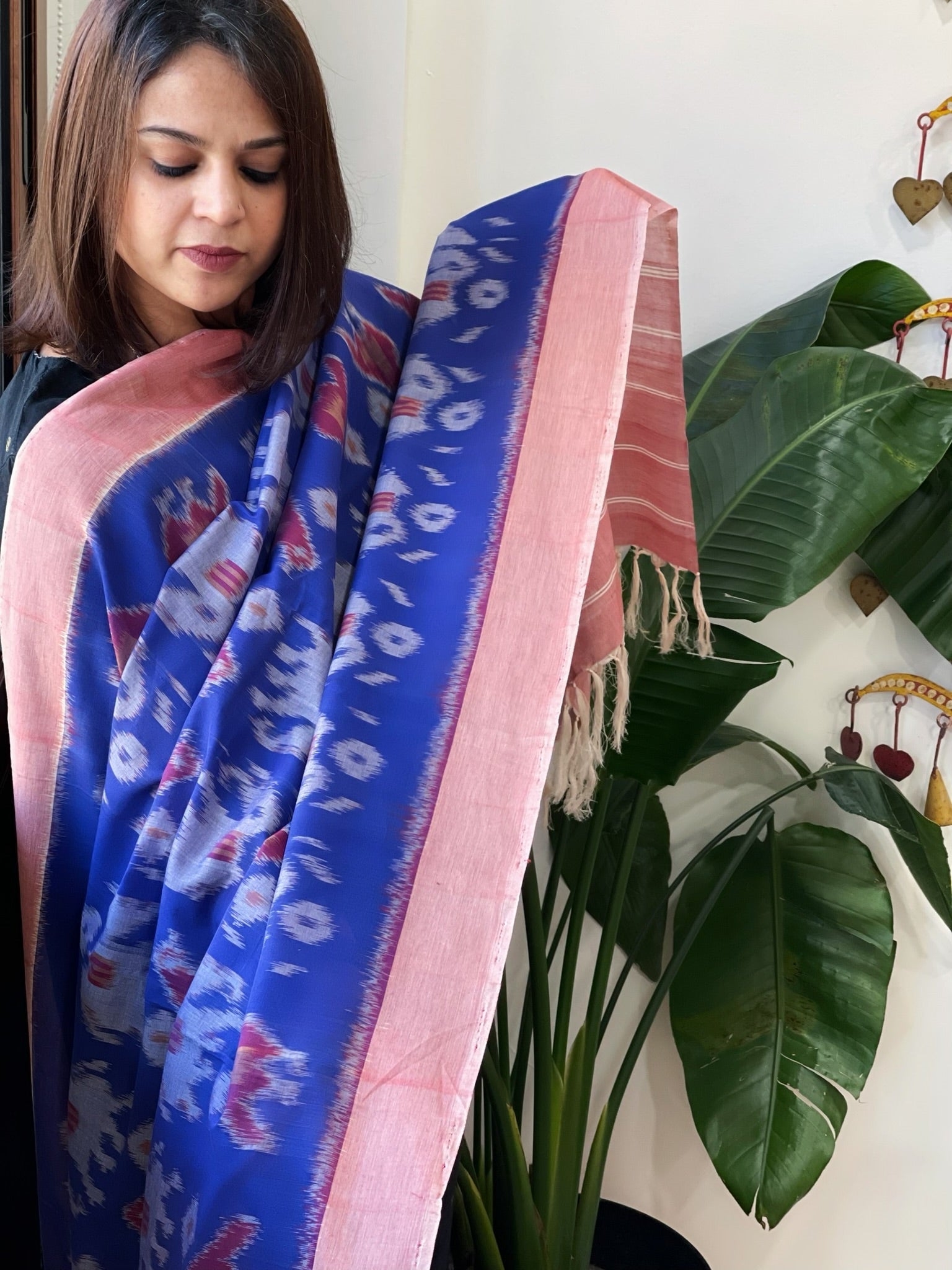 Blue, Red Handwoven Ikat Dupatta in Cotton - Masakalee