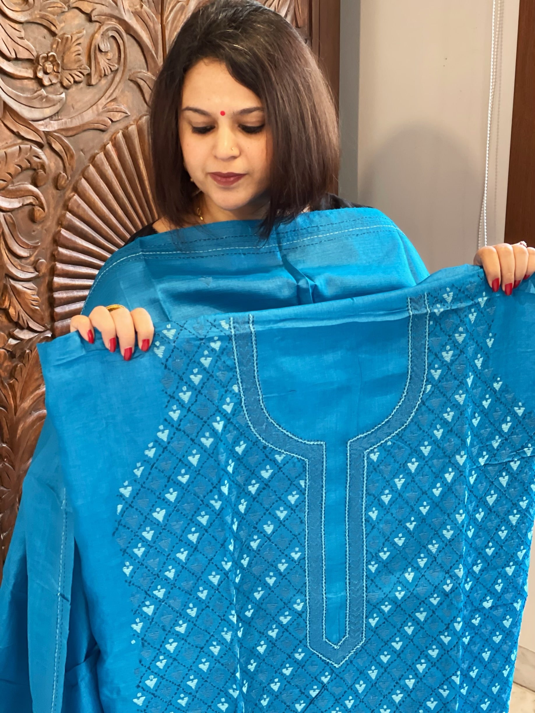 Blue Suit Set with Hand Embroidery in Pure Tussar Silk - Masakalee