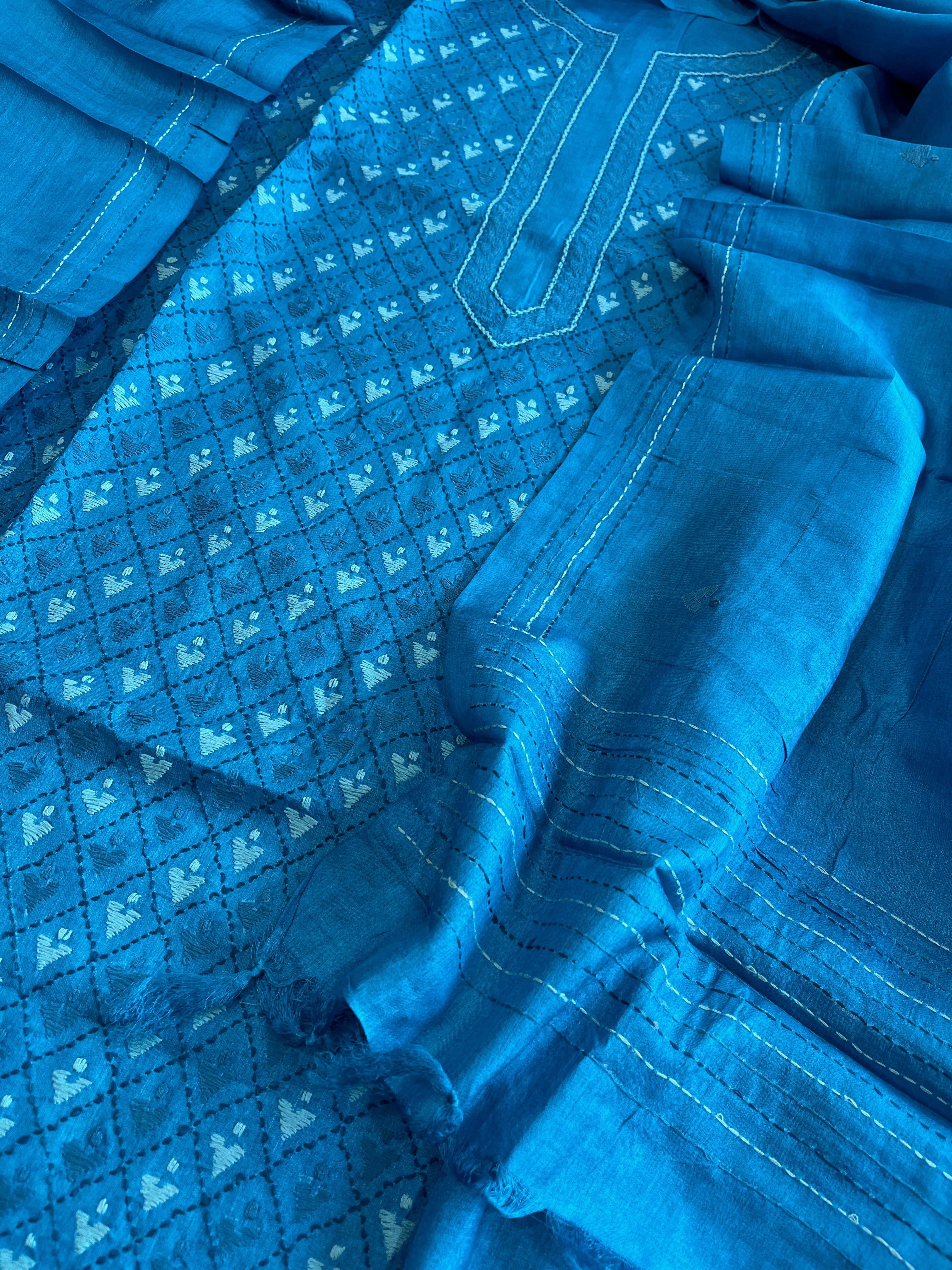 Blue Suit Set with Hand Embroidery in Pure Tussar Silk - Masakalee