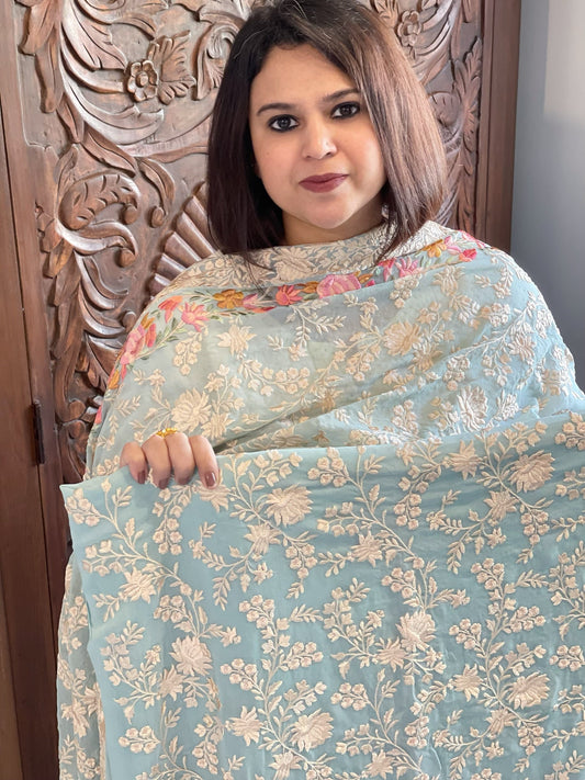 Blue Suit Set with Parsi Gara Embroidery in Georgette - Masakalee