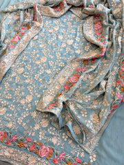 Blue Suit Set with Parsi Gara Embroidery in Georgette - Masakalee