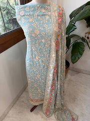 Blue Suit Set with Parsi Gara Embroidery in Georgette - Masakalee