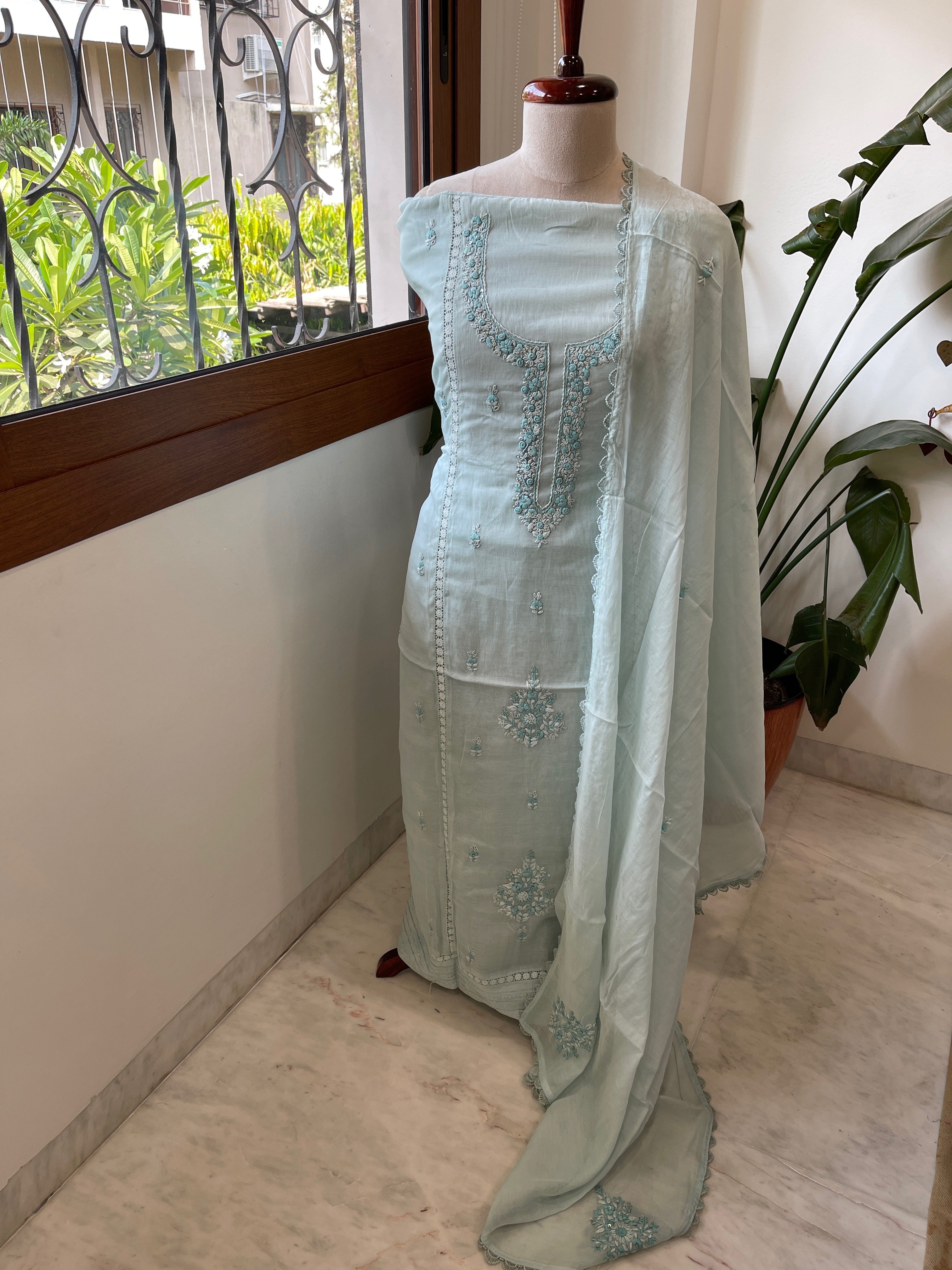 Blue Suit Set with Sequin ad Knot handwork in Mul Chanderi - Masakalee