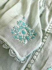 Blue Suit Set with Sequin ad Knot handwork in Mul Chanderi - Masakalee