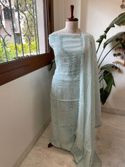 Blue Suit Set with Sequin ad Knot handwork in Mul Chanderi - Masakalee