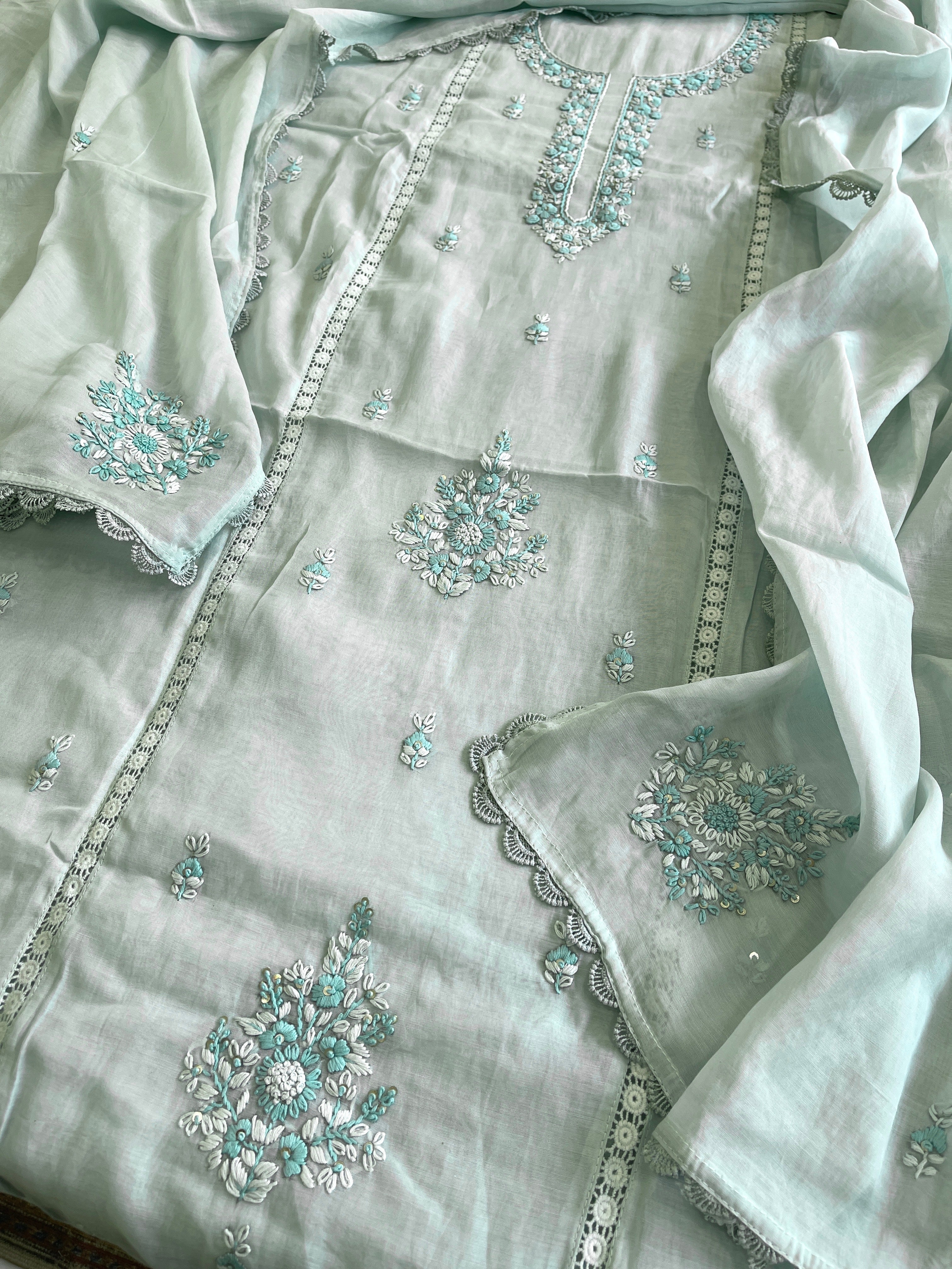 Blue Suit Set with Sequin ad Knot handwork in Mul Chanderi - Masakalee