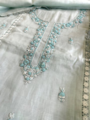 Blue Suit Set with Sequin ad Knot handwork in Mul Chanderi - Masakalee