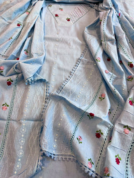 Blue Suit Set with Thread and Sequin Embroidery in Pure Cotton - Masakalee