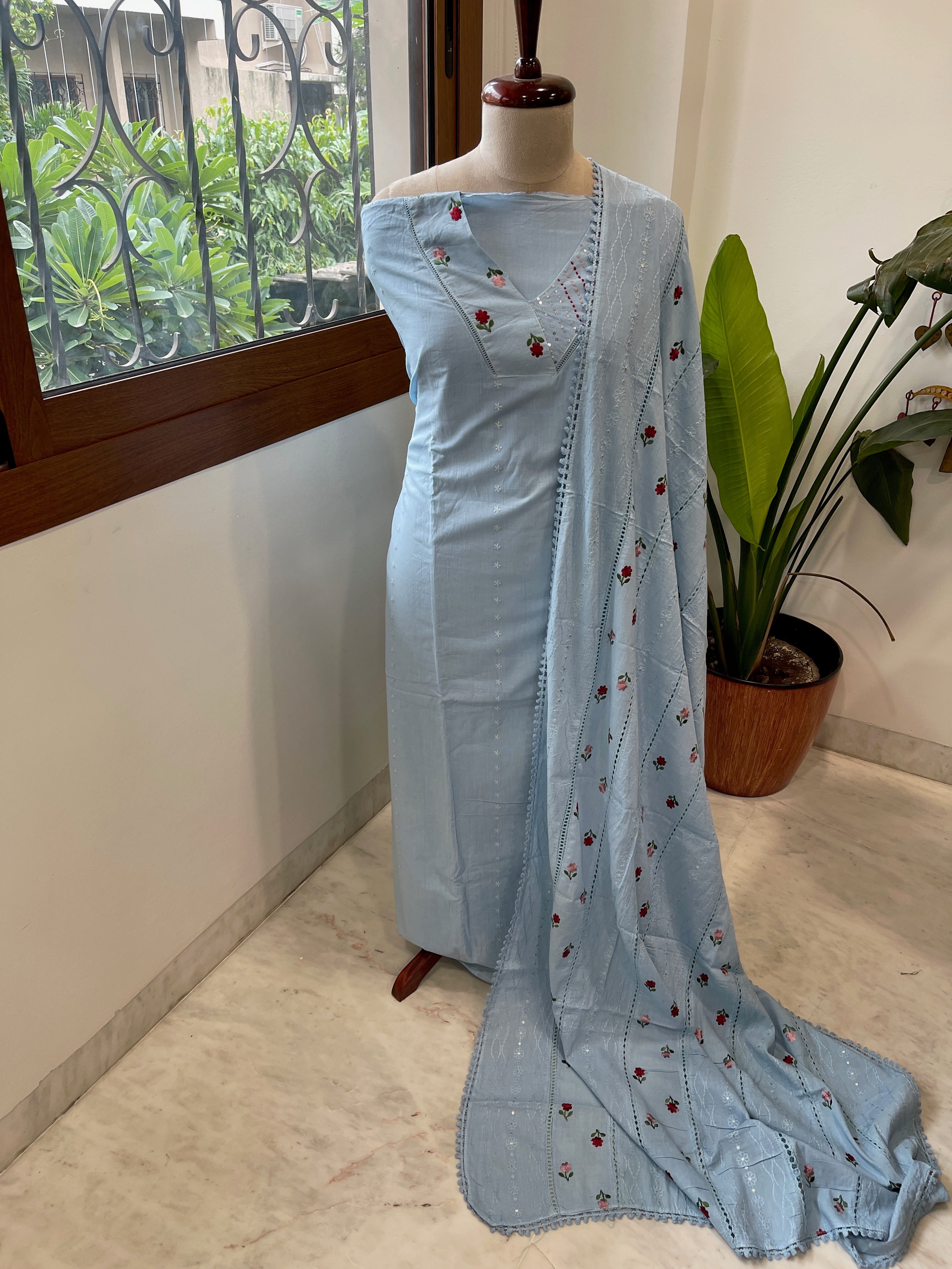 Blue Suit Set with Thread and Sequin Embroidery in Pure Cotton - Masakalee