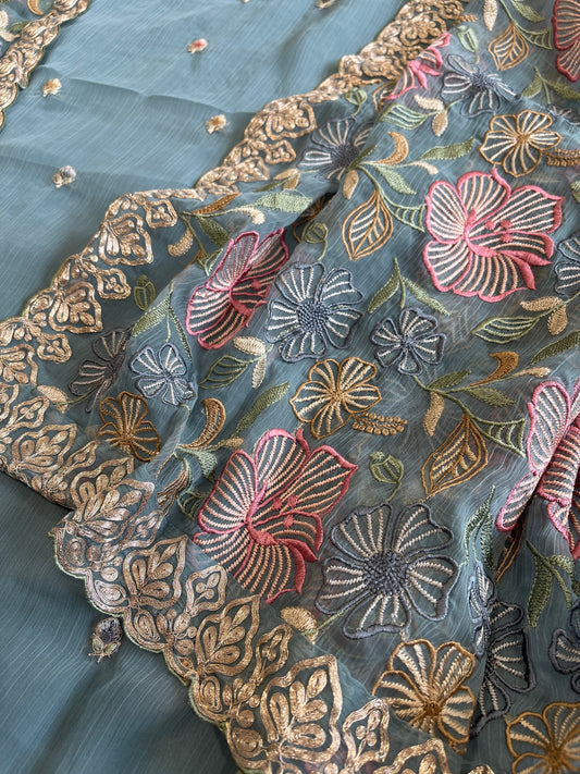 Blue Suit Set with Thread Embroidery and Pitta Work in Georgette - Masakalee