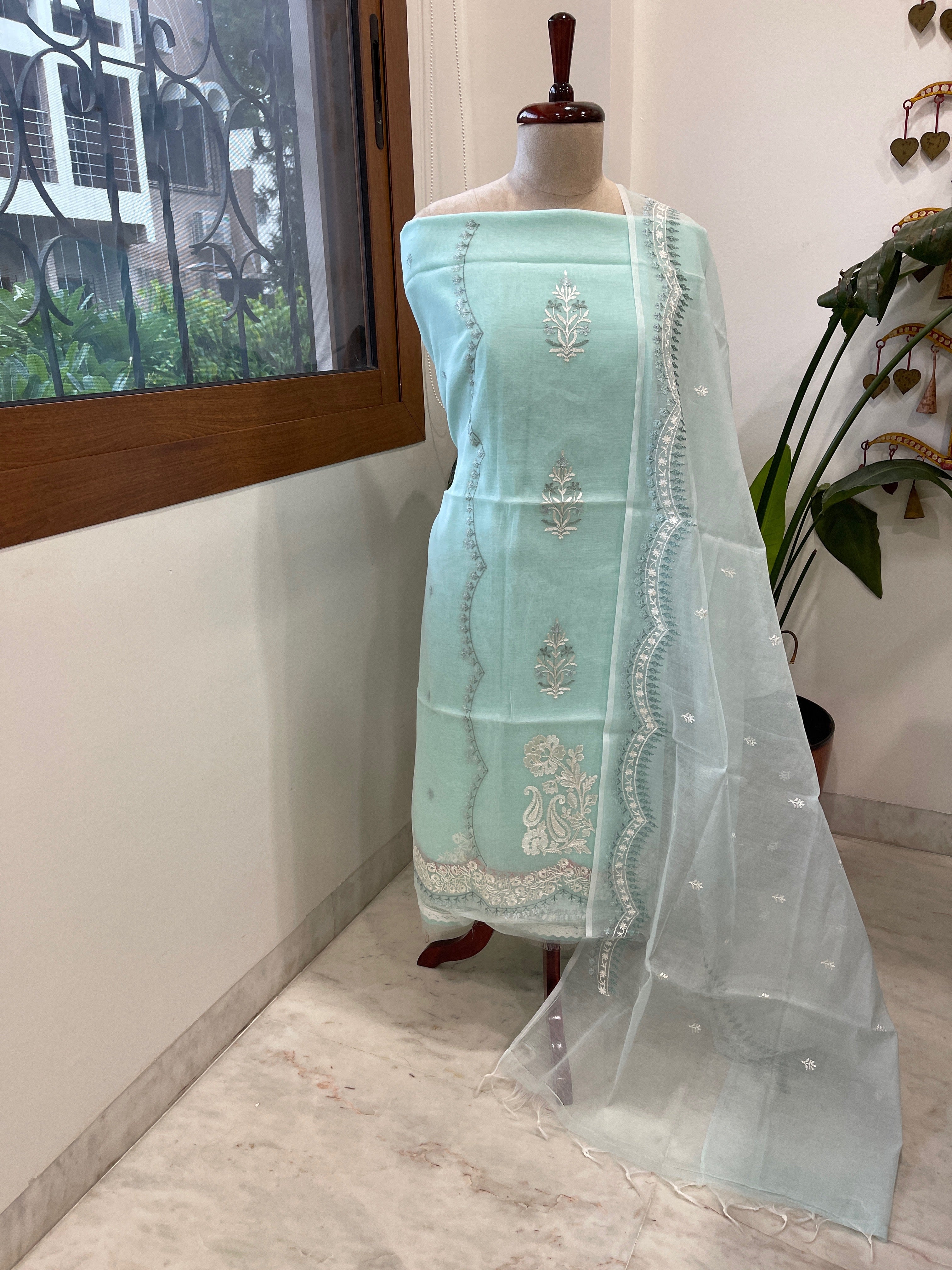 Blue Suit Set with Thread Embroidery in Mul Chanderi - Masakalee