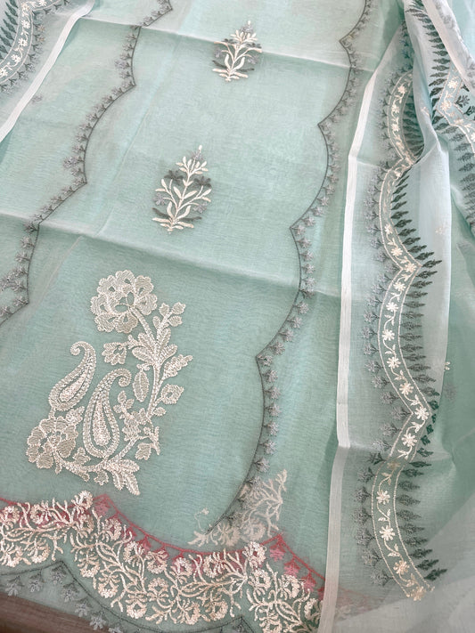 Blue Suit Set with Thread Embroidery in Mul Chanderi - Masakalee