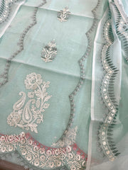 Blue Suit Set with Thread Embroidery in Mul Chanderi - Masakalee