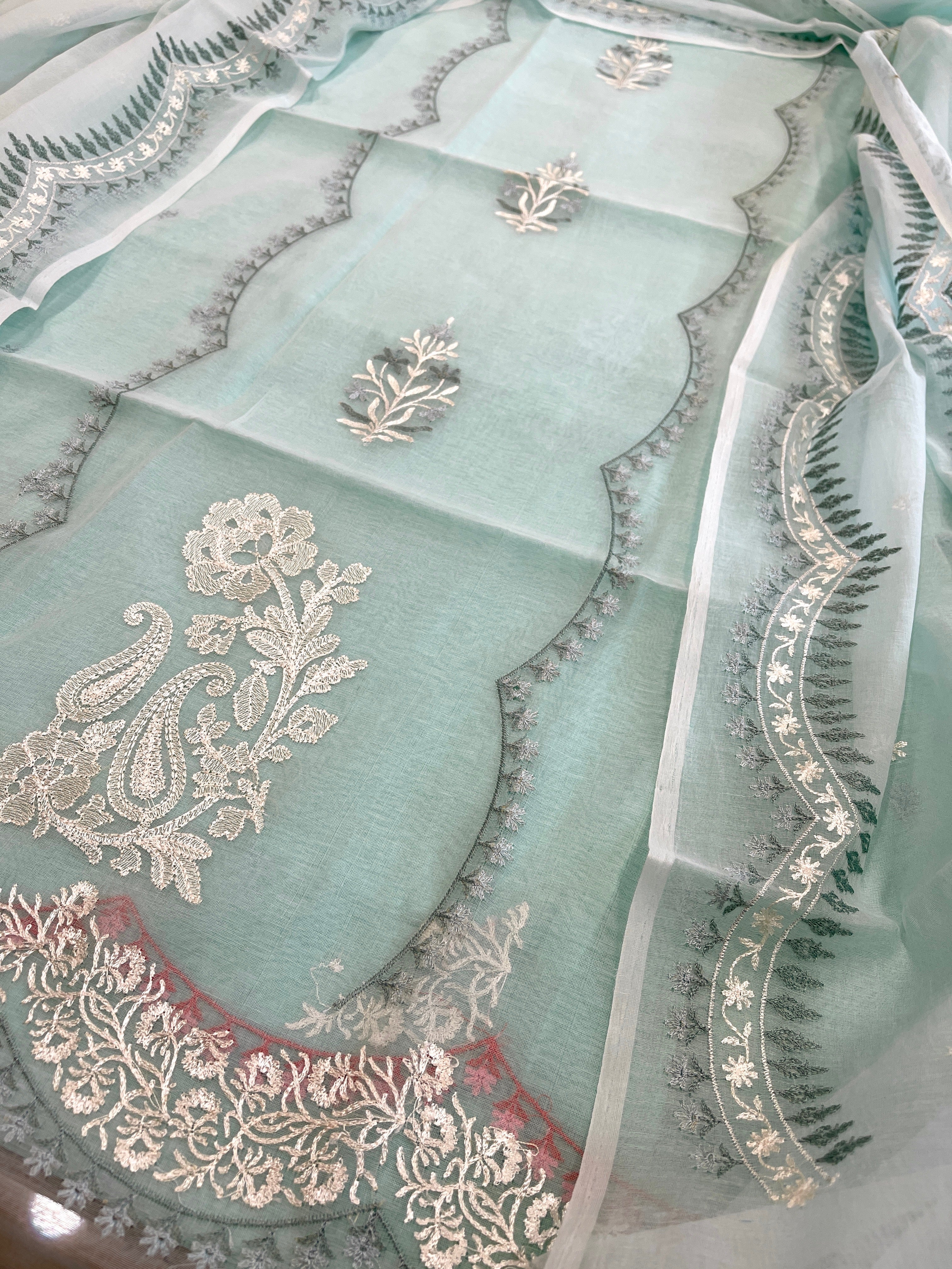 Blue Suit Set with Thread Embroidery in Mul Chanderi - Masakalee