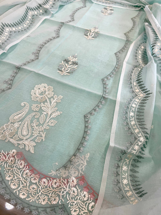 Blue Suit Set with Thread Embroidery in Mul Chanderi - Masakalee