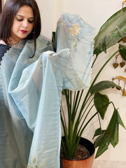 Blue Tissue Organza Dupatta with Handpainted Applique Work - Masakalee