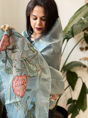 Blue Tissue Organza Dupatta with Handpainted Applique Work - Masakalee