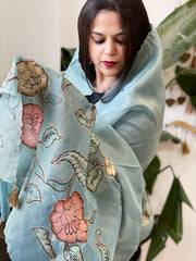 Blue Tissue Organza Dupatta with Handpainted Applique Work - Masakalee