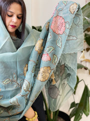 Blue Tissue Organza Dupatta with Handpainted Applique Work - Masakalee