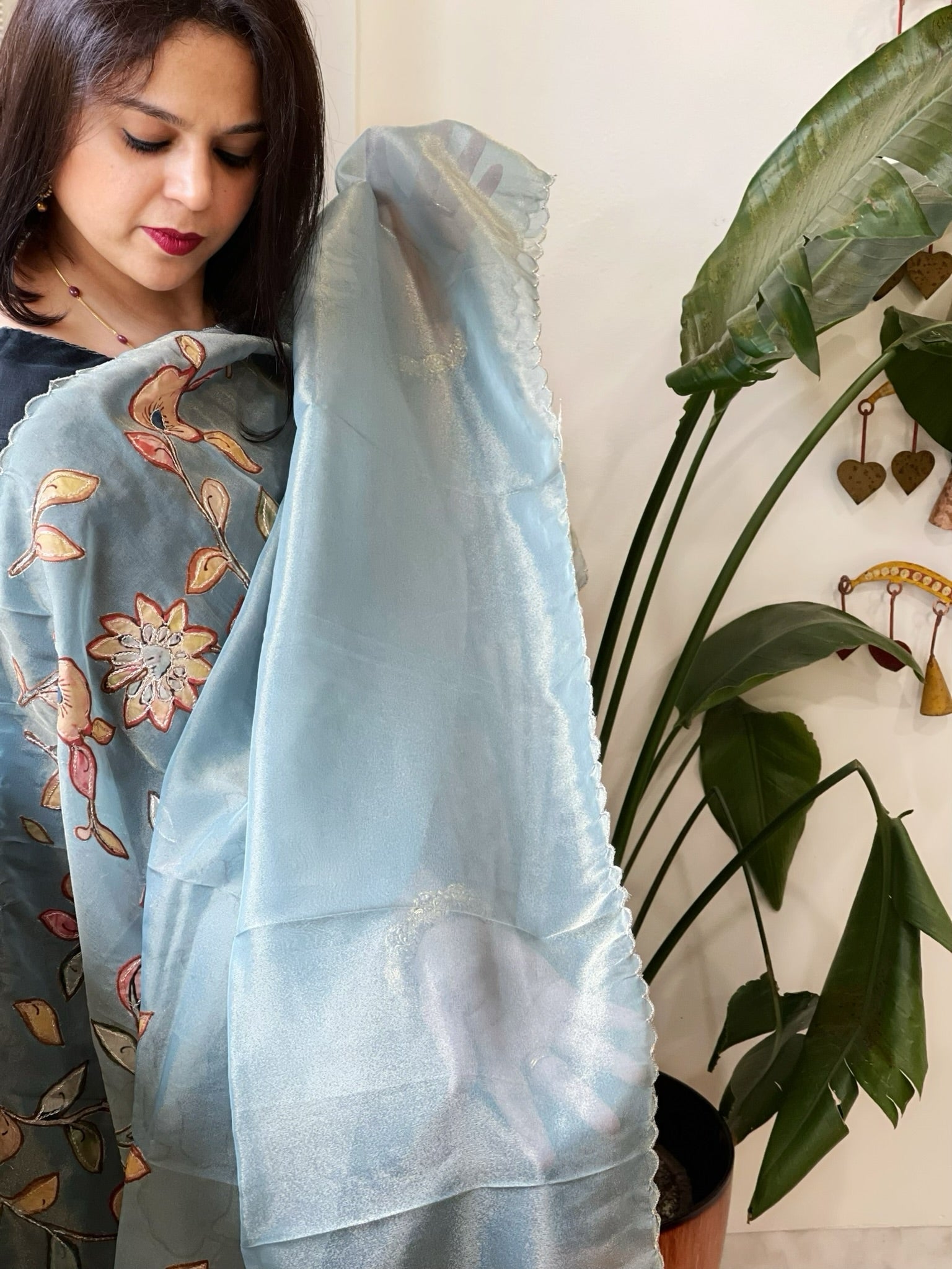 Blue Tissue Organza Dupatta with Handpainted Applique Work - Masakalee