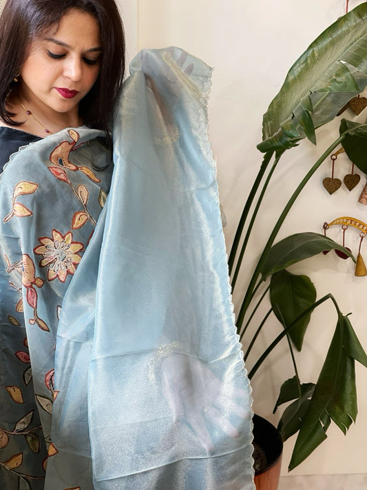 Blue Tissue Organza Dupatta with Handpainted Applique Work - Masakalee