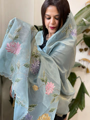 Blue Tissue Organza Dupatta with Handpainted Applique Work - Masakalee