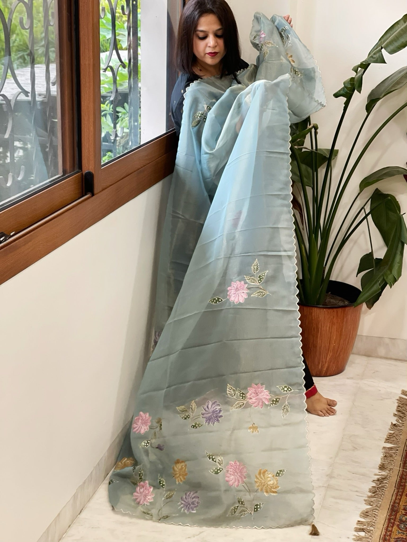 Blue Tissue Organza Dupatta with Handpainted Applique Work - Masakalee