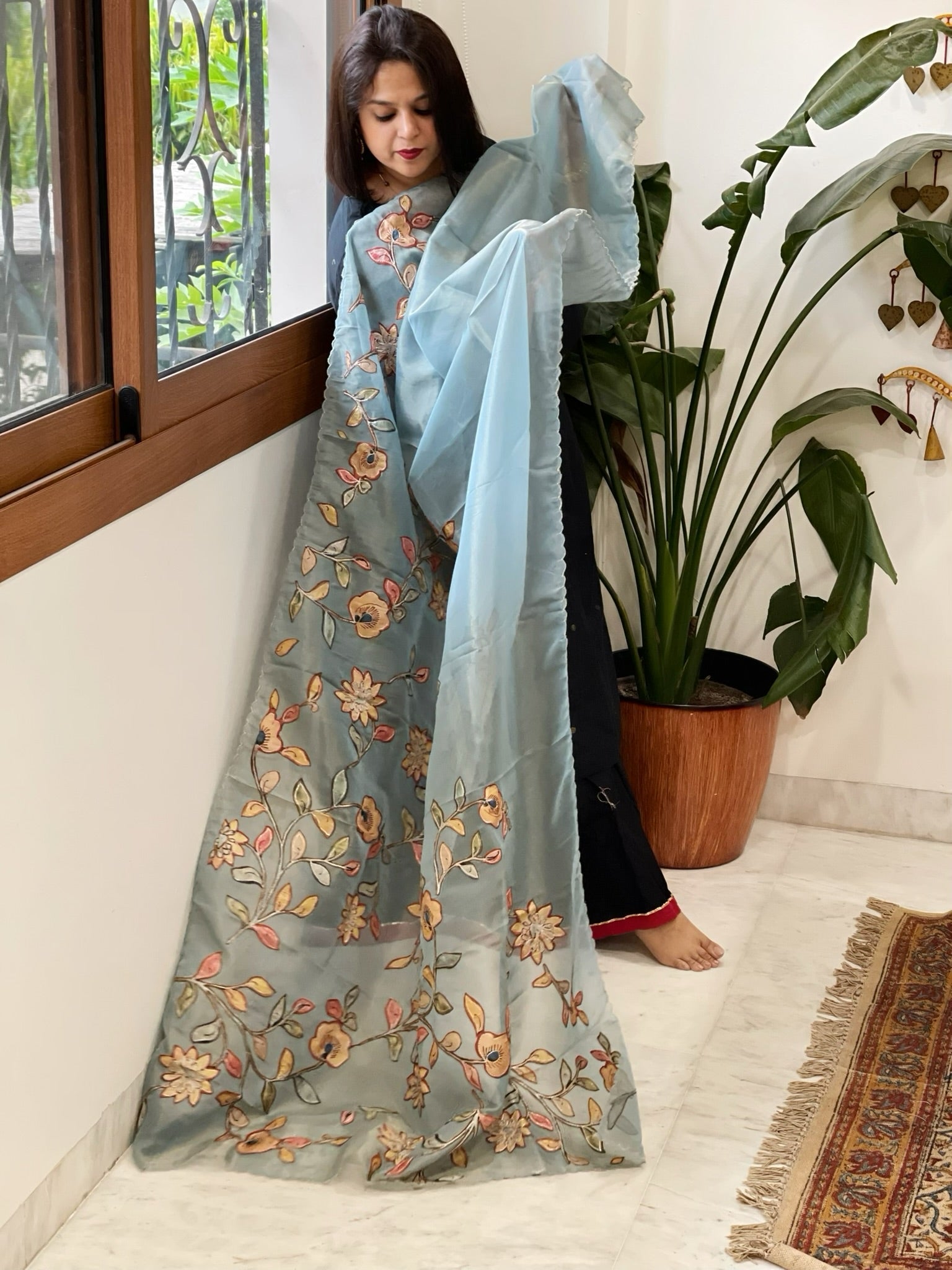 Blue Tissue Organza Dupatta with Handpainted Applique Work - Masakalee