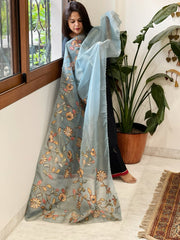 Blue Tissue Organza Dupatta with Handpainted Applique Work - Masakalee