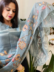 Blue Tissue Organza Dupatta with Handpainted Applique Work - Masakalee