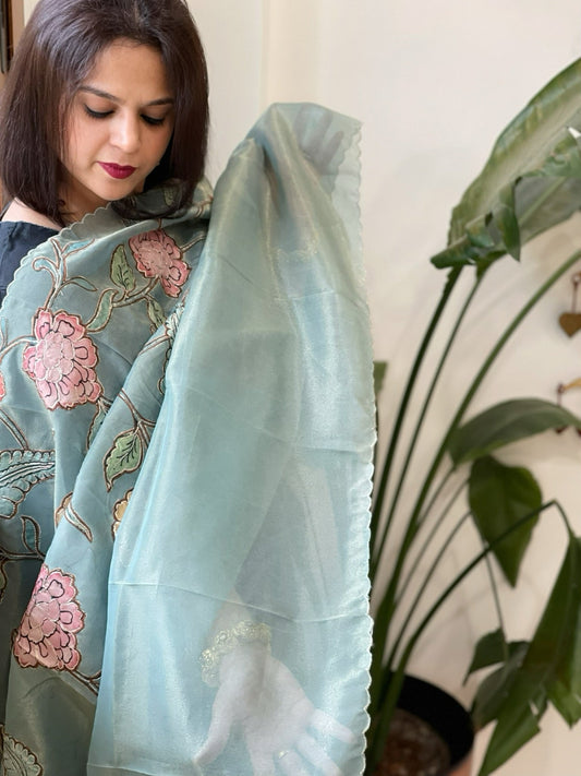 Blue Tissue Organza Dupatta with Handpainted Applique Work - Masakalee