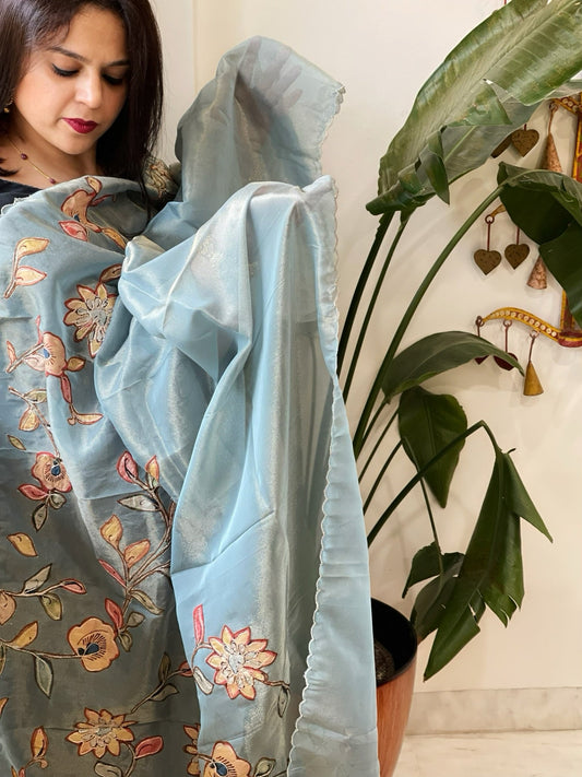 Blue Tissue Organza Dupatta with Handpainted Applique Work - Masakalee