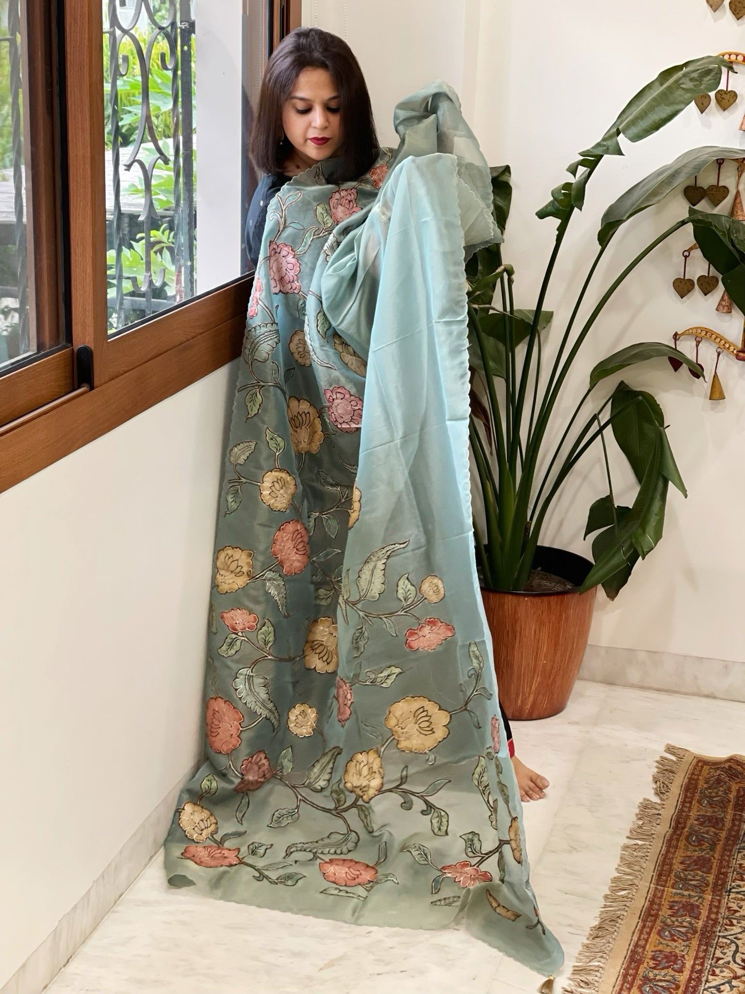 Blue Tissue Organza Dupatta with Handpainted Applique Work - Masakalee