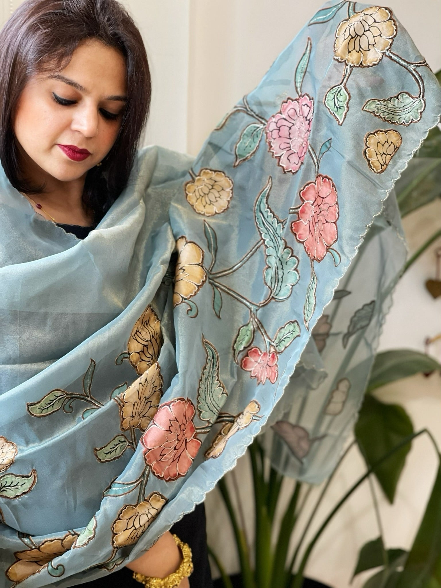 Blue Tissue Organza Dupatta with Handpainted Applique Work - Masakalee