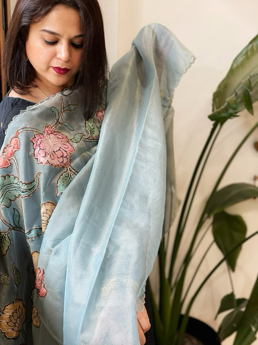 Blue Tissue Organza Dupatta with Handpainted Applique Work - Masakalee