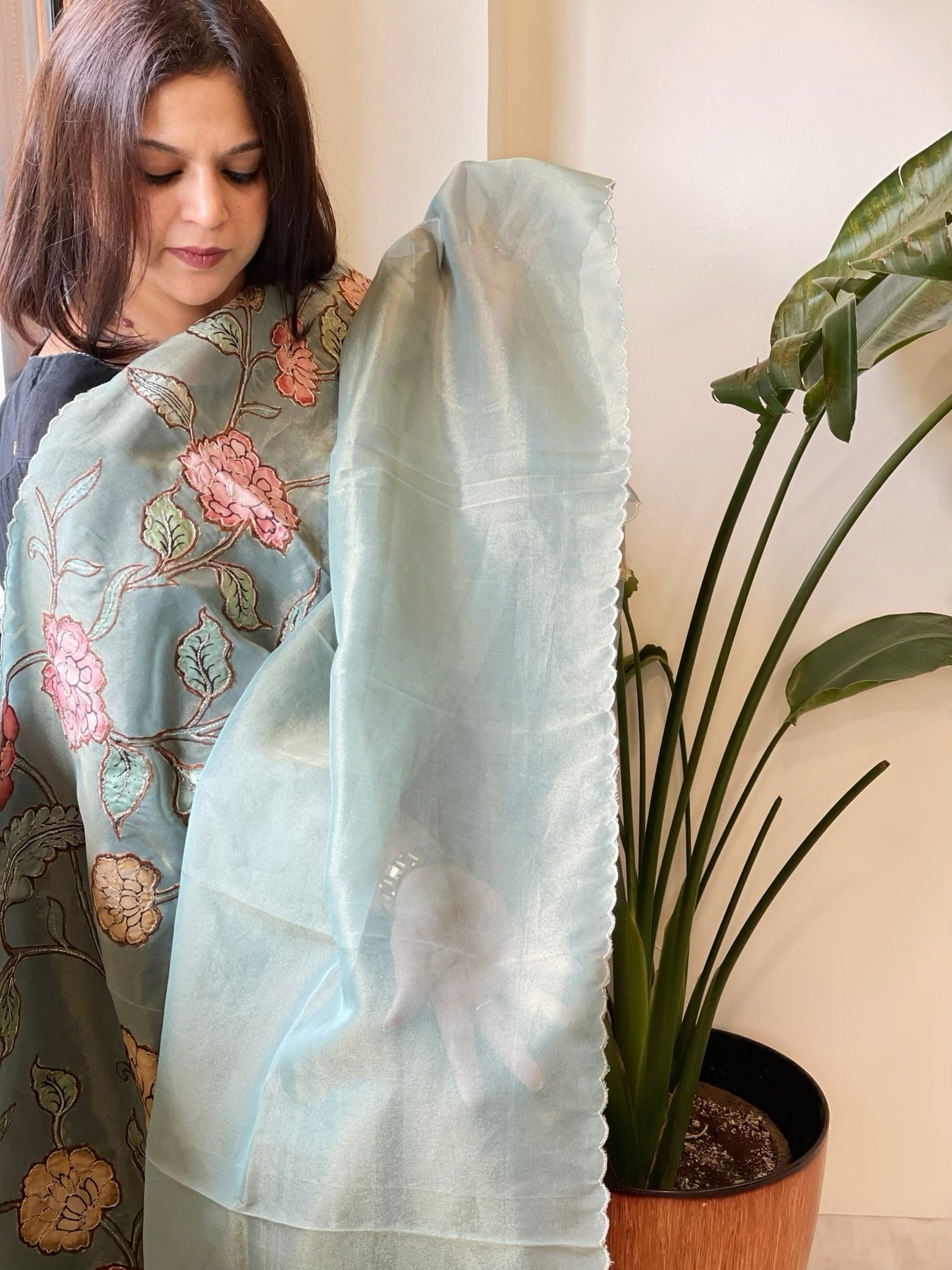 Blue Tissue Organza Dupatta with Handpainted Applique Work - Masakalee