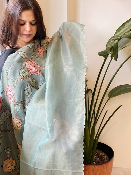 Blue Tissue Organza Dupatta with Handpainted Applique Work - Masakalee