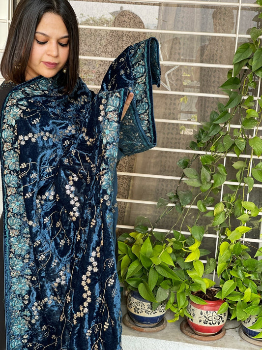 Blue Velvet Dupatta with Thread Embroidery - Masakalee