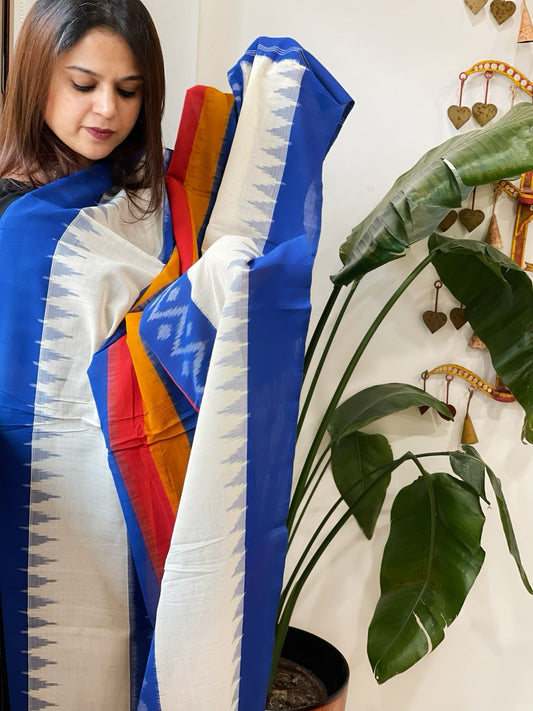 Blue, White Handwoven Ikat Dupatta in Cotton - Masakalee