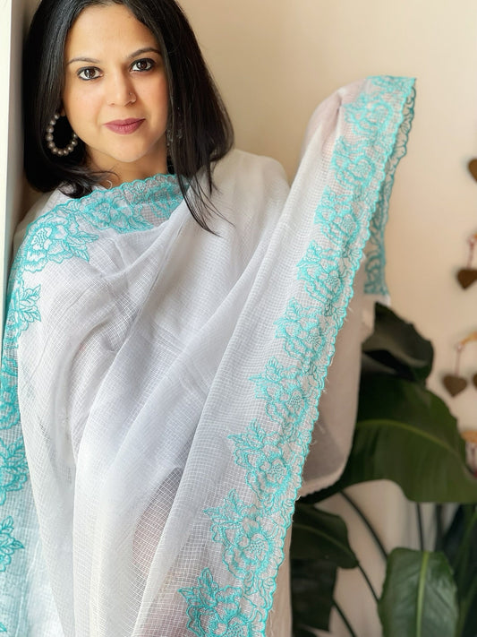 Blue, White Kota Cotton Dupatta with Thread Embroidered Border - Masakalee