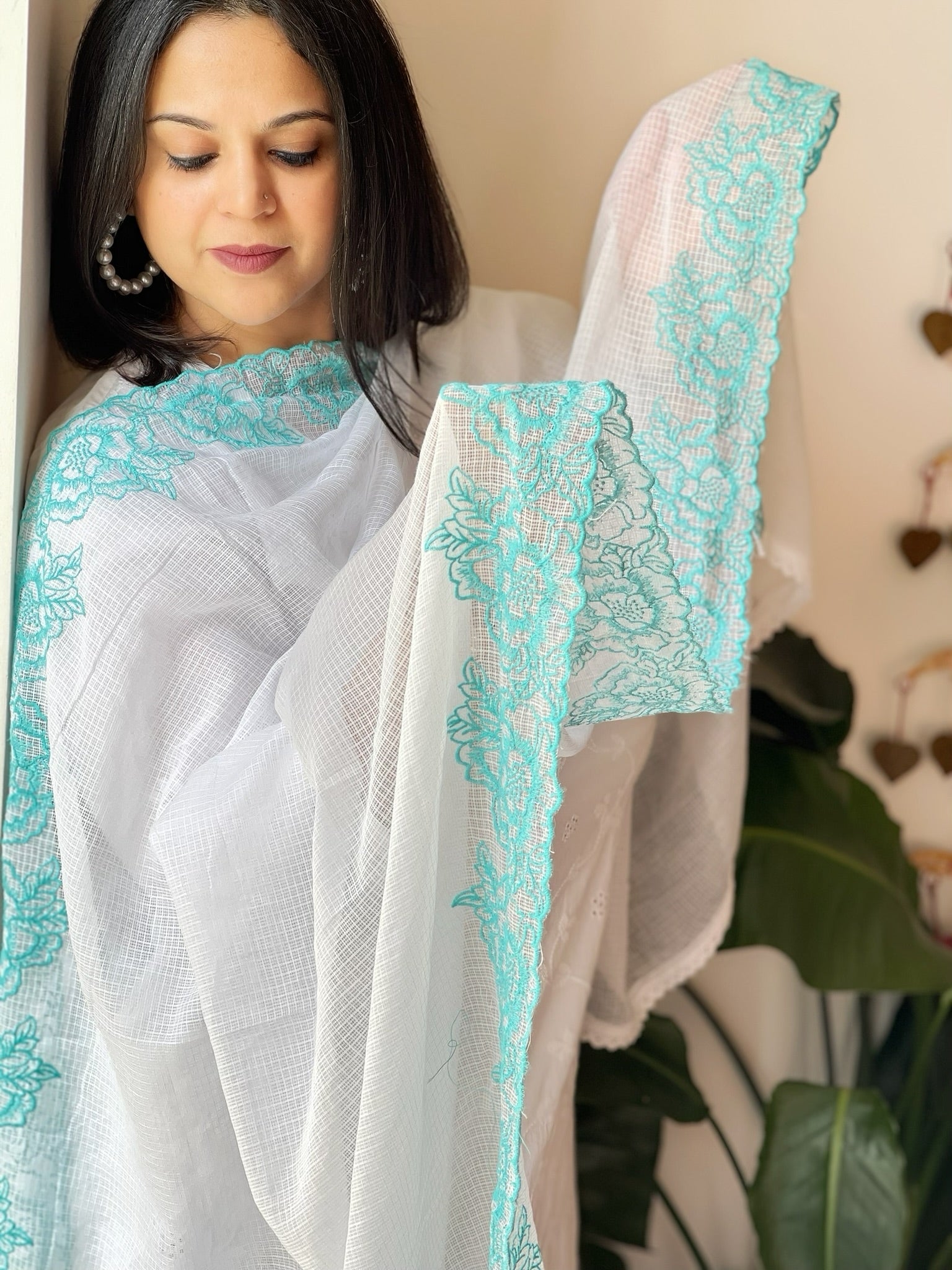 Blue, White Kota Cotton Dupatta with Thread Embroidered Border - Masakalee