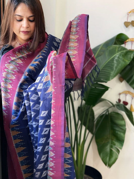 Blue, Wine Handwoven Ikat Dupatta in Cotton - Masakalee