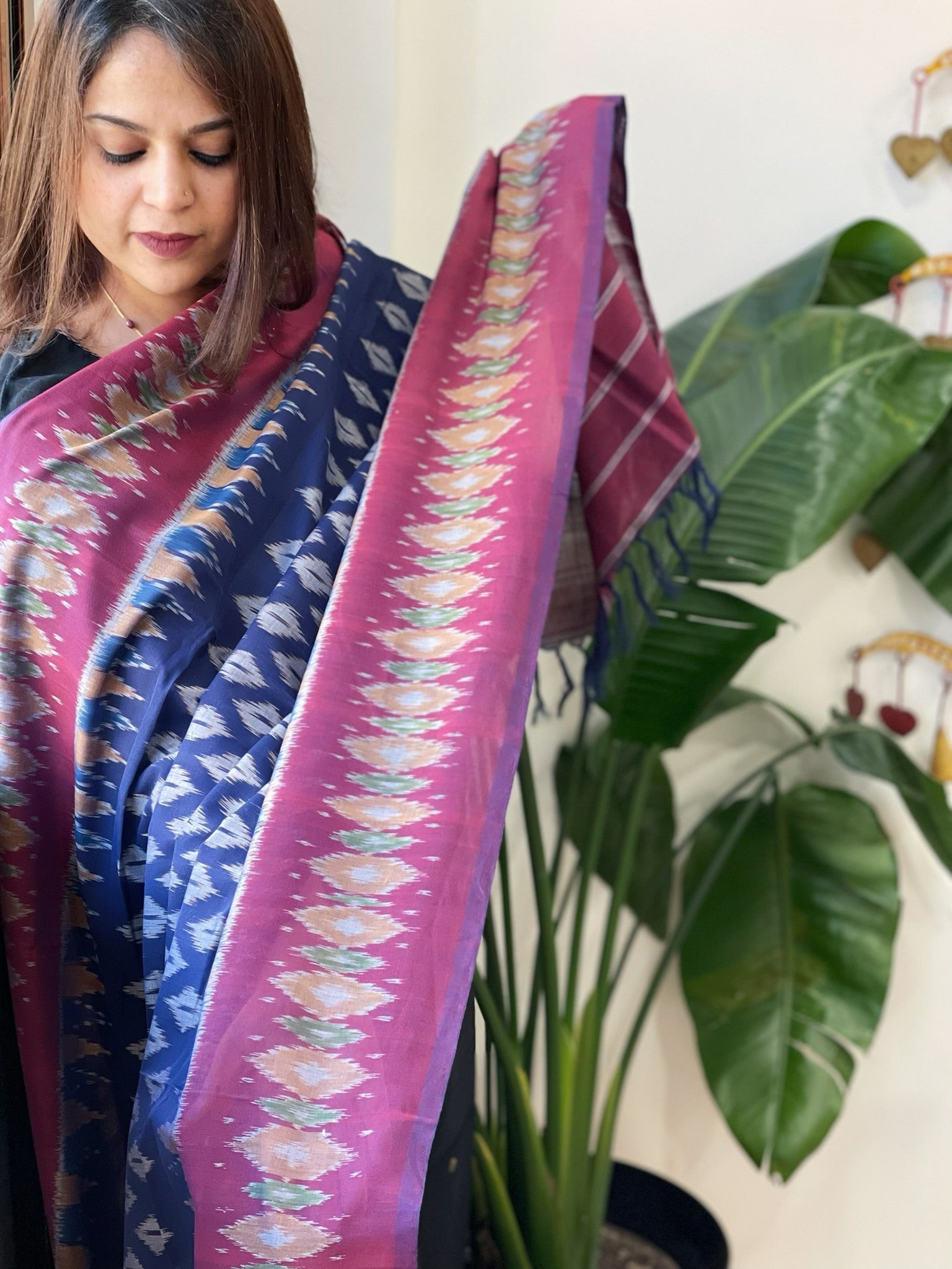 Blue, Wine Handwoven Ikat Dupatta in Cotton - Masakalee