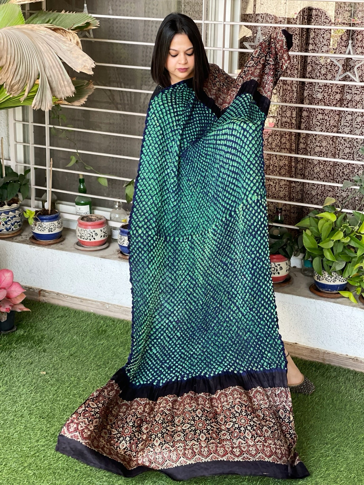 Blue with Teal Kodi Bandhani with Ajrakh Dupatta in Pure Gajji Silk - Masakalee