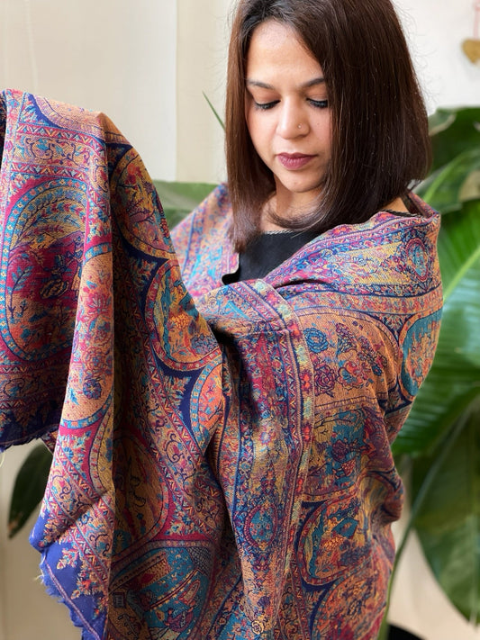 Blue Woven Kaani Jaal Pashmina Stole - Masakalee