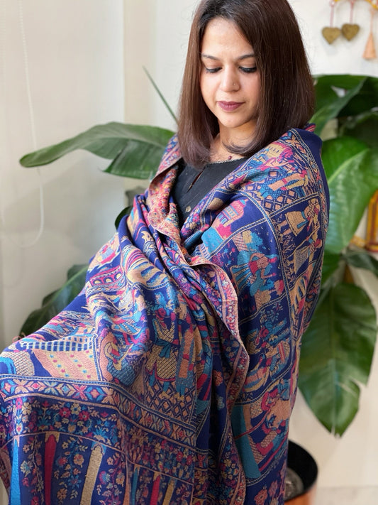 Blue Woven Kaani Jaal Pashmina Stole - Masakalee