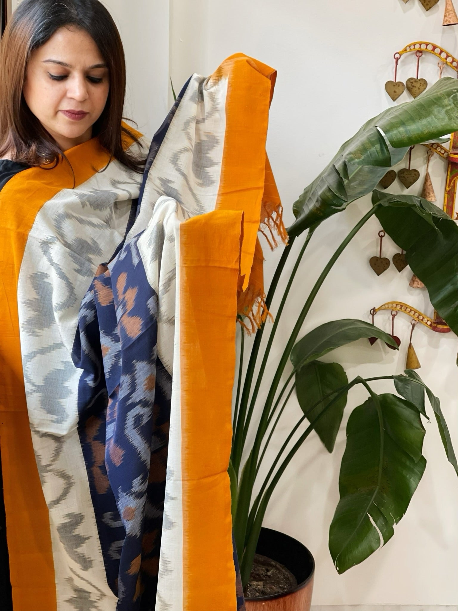 Blue, Yellow Handwoven Ikat Dupatta in Cotton - Masakalee