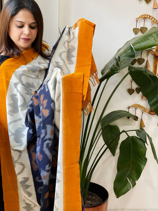 Blue, Yellow Handwoven Ikat Dupatta in Cotton - Masakalee